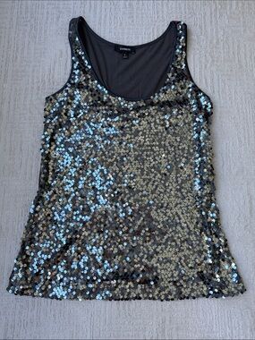 Express Black Sequin Tank Top with Iridescent Blue Sheen